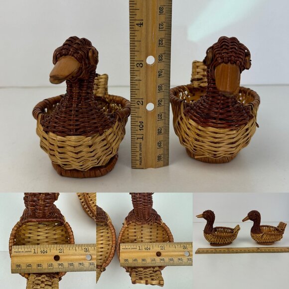 2 Small Vtg Tan Wicker Rattan Woven Ducks Geese Goose Tabletop Decor Planter - Picture 3 of 13